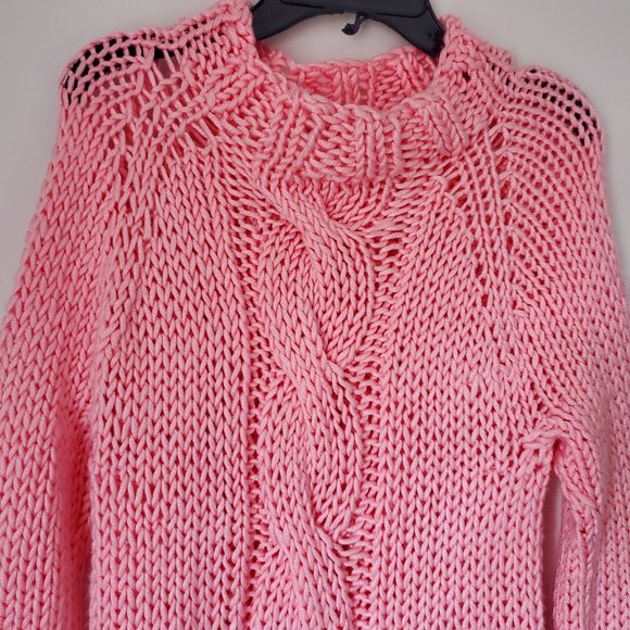 Women's Candy Pink Thick Chunky Cable Knit Pullover Sweater Handmade Hi Lo Hem - Picture 8 of 9
